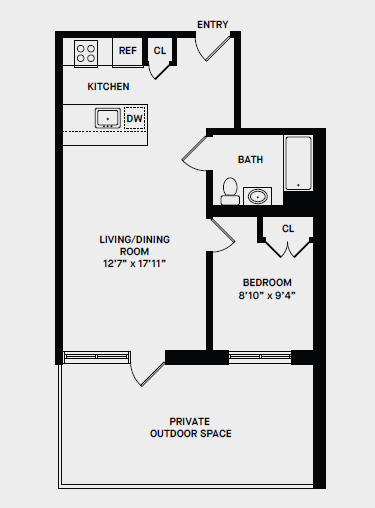 Floor plan for 2 beds, 1 bath, 534 sqft